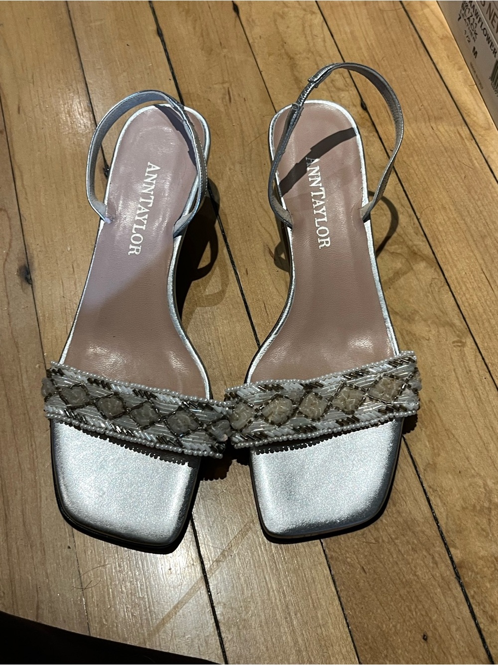 Ann Taylor Silver Beaded Square-Toe Slingback Heels